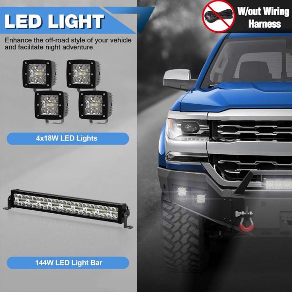 Front Bumper Bar with Winch Plate for 2016-2018 Silverado 1500, Textured Black Bumper for Chevrolet Silverado 1500 (2016 2017 2018) with D-rings, 144W Long Light Bar, License Plate Bracket - Image 7