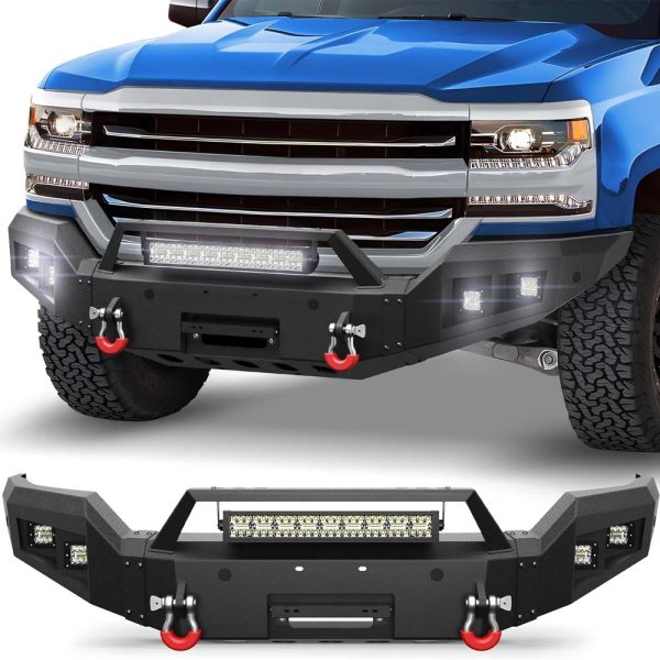 Front Bumper Bar with Winch Plate for 2016-2018 Silverado 1500, Textured Black Bumper for Chevrolet Silverado 1500 (2016 2017 2018) with D-rings, 144W Long Light Bar, License Plate Bracket - Image 2
