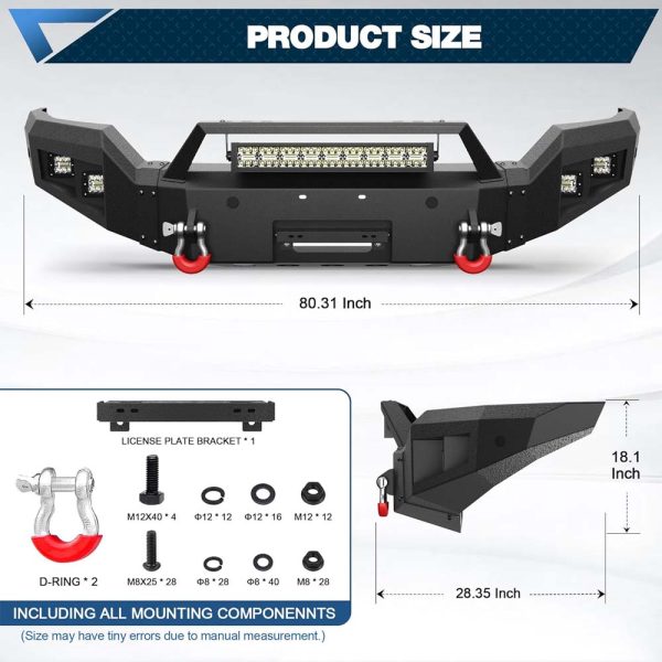 Front Bumper Bar with Winch Plate for 2016-2018 Silverado 1500, Textured Black Bumper for Chevrolet Silverado 1500 (2016 2017 2018) with D-rings, 144W Long Light Bar, License Plate Bracket - Image 4