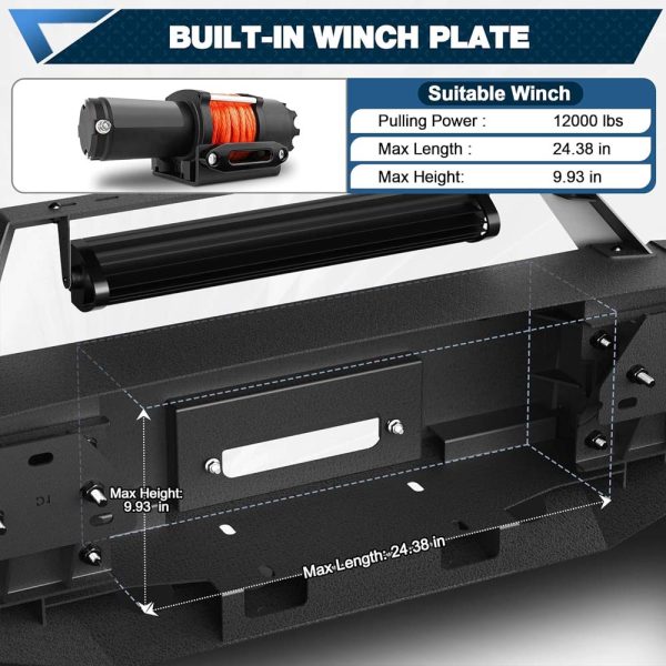 Front Bumper Bar with Winch Plate for 2016-2018 Silverado 1500, Textured Black Bumper for Chevrolet Silverado 1500 (2016 2017 2018) with D-rings, 144W Long Light Bar, License Plate Bracket - Image 5