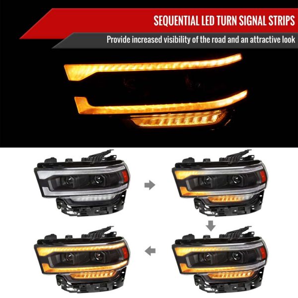 2019-2024 Dodge RAM 2500/3500/4500/5500 Switchback Sequential LED Turn Signal Projector Headlights (Matte Black Housing/Clear Lens) - Image 2