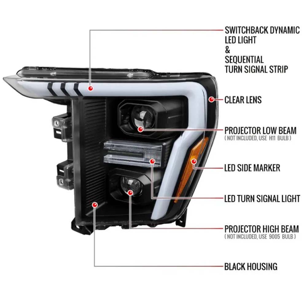 2021-2025 Ford F-150 Projector Headlight w/ Switchback Sequential Turn Signal LED Bar (Black Housing / Clear Lens) - Image 3