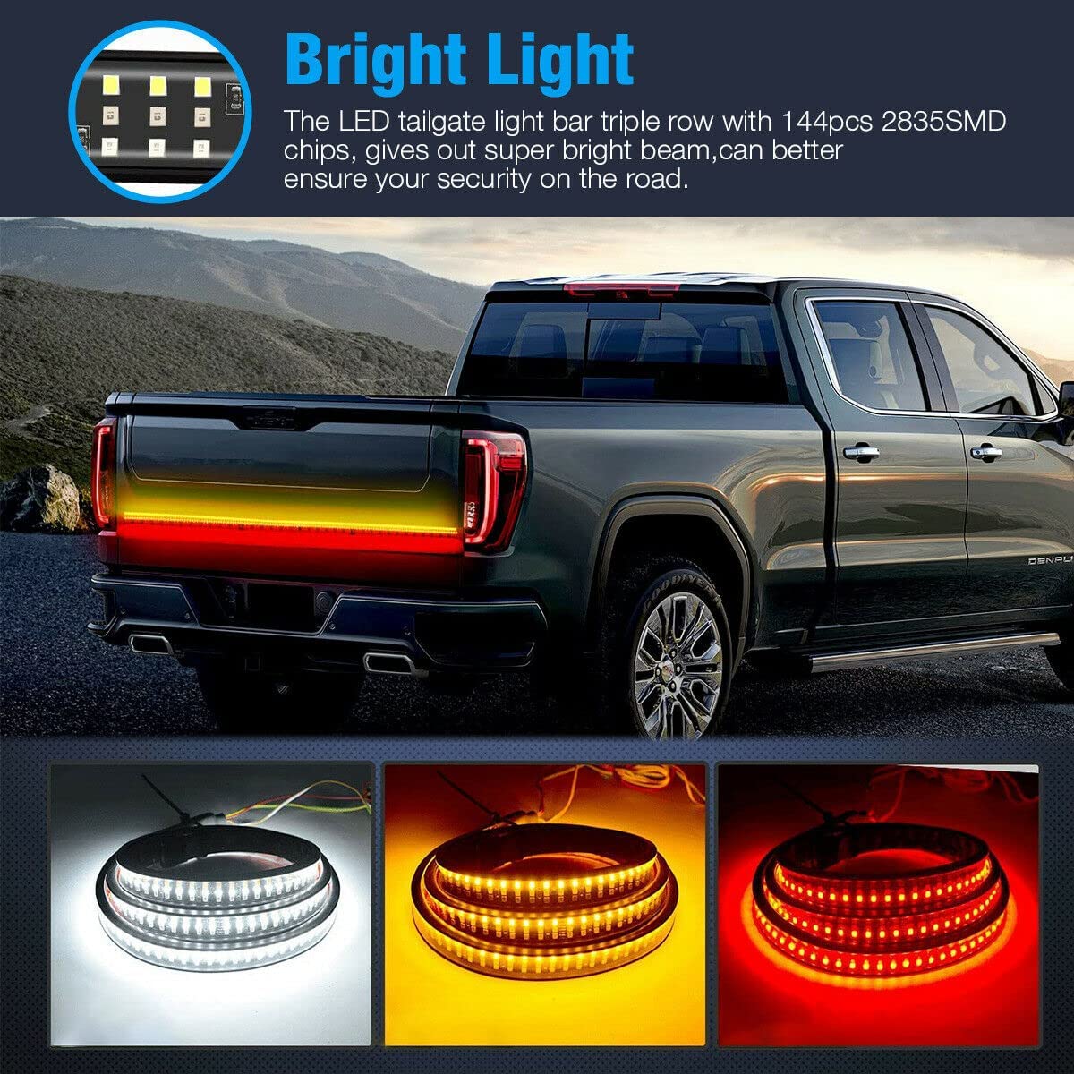 60″ LED Tailgate Light Bar Strip for Pickup Truck 3-Color Red White Yellow Switchback, Sequential Turn Signal, Reverse, Brake, Tail Light Kit