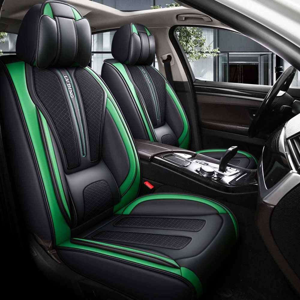 Universal 5 Seat Car Cover Black Green PU Leather Seat Cover