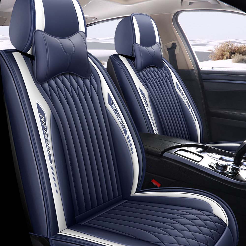 Universal 5 Seat Car Cover Blue and White PU Leather Seat Cover