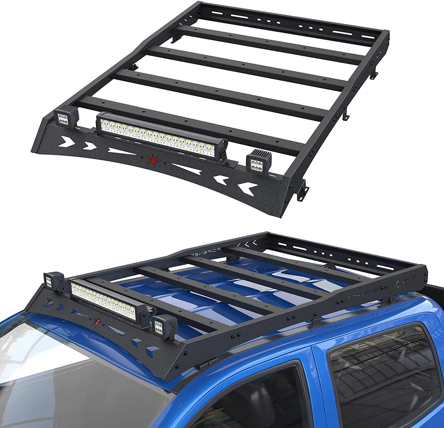 Tacoma Top Roof Rack Cargo Carrier with 2x18W LED Lights and 144W Light Bar Textured Black Roof Luggage Storage for Toyota Tacoma 2005-2022