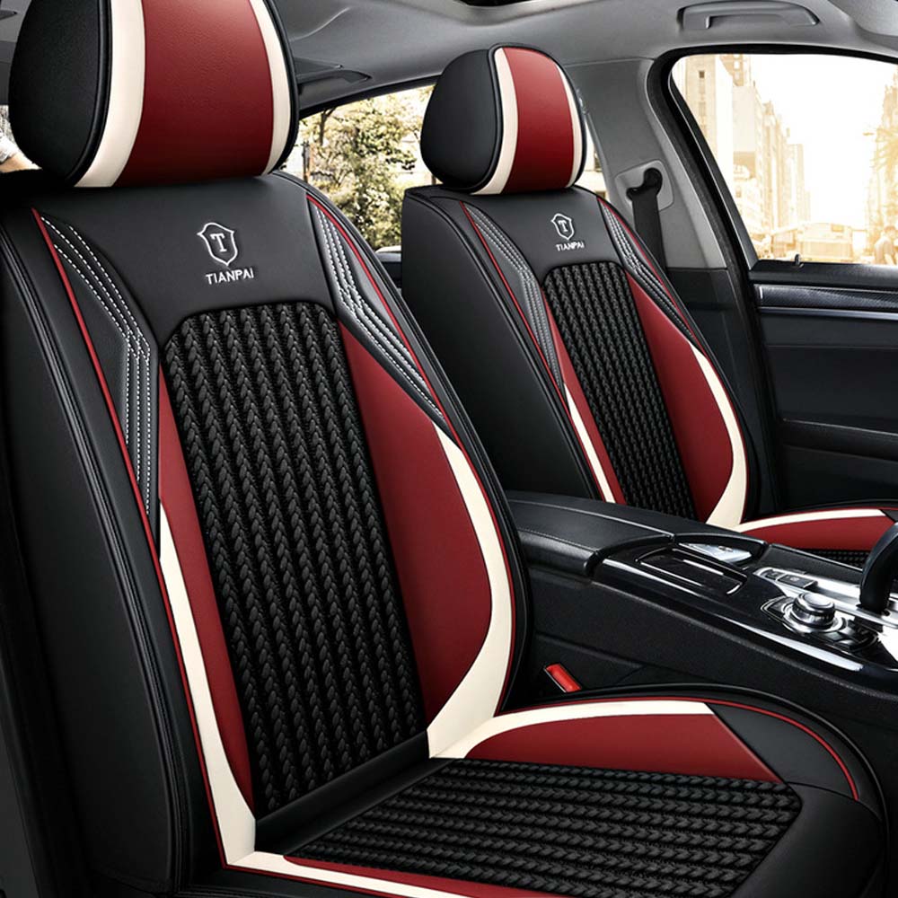 Universal 5 Seat Car Cover PU Leather and Fabric Red Black