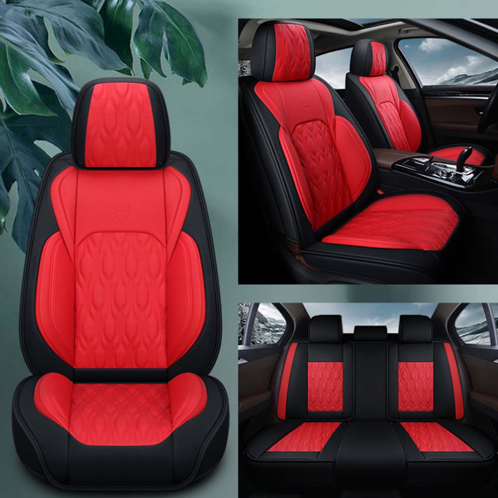 Universal 5 Seat Car Cover Black Red PU Leather