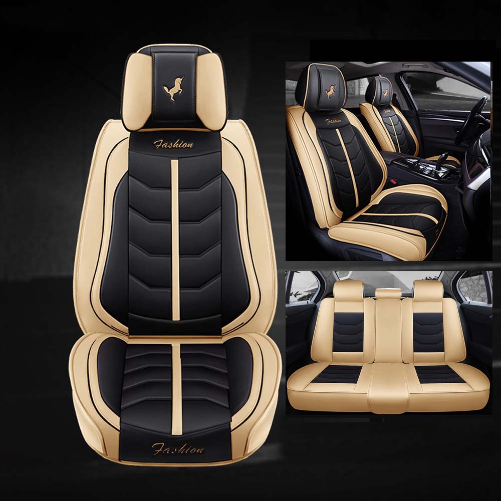 Universal 5 Seat Car Cover Black Beige PU Leather