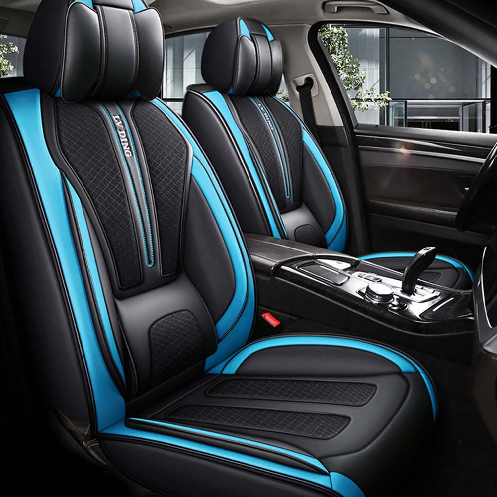 Universal 5 Seat Car Cover Black Blue PU Leather / Fabric Seat Cover