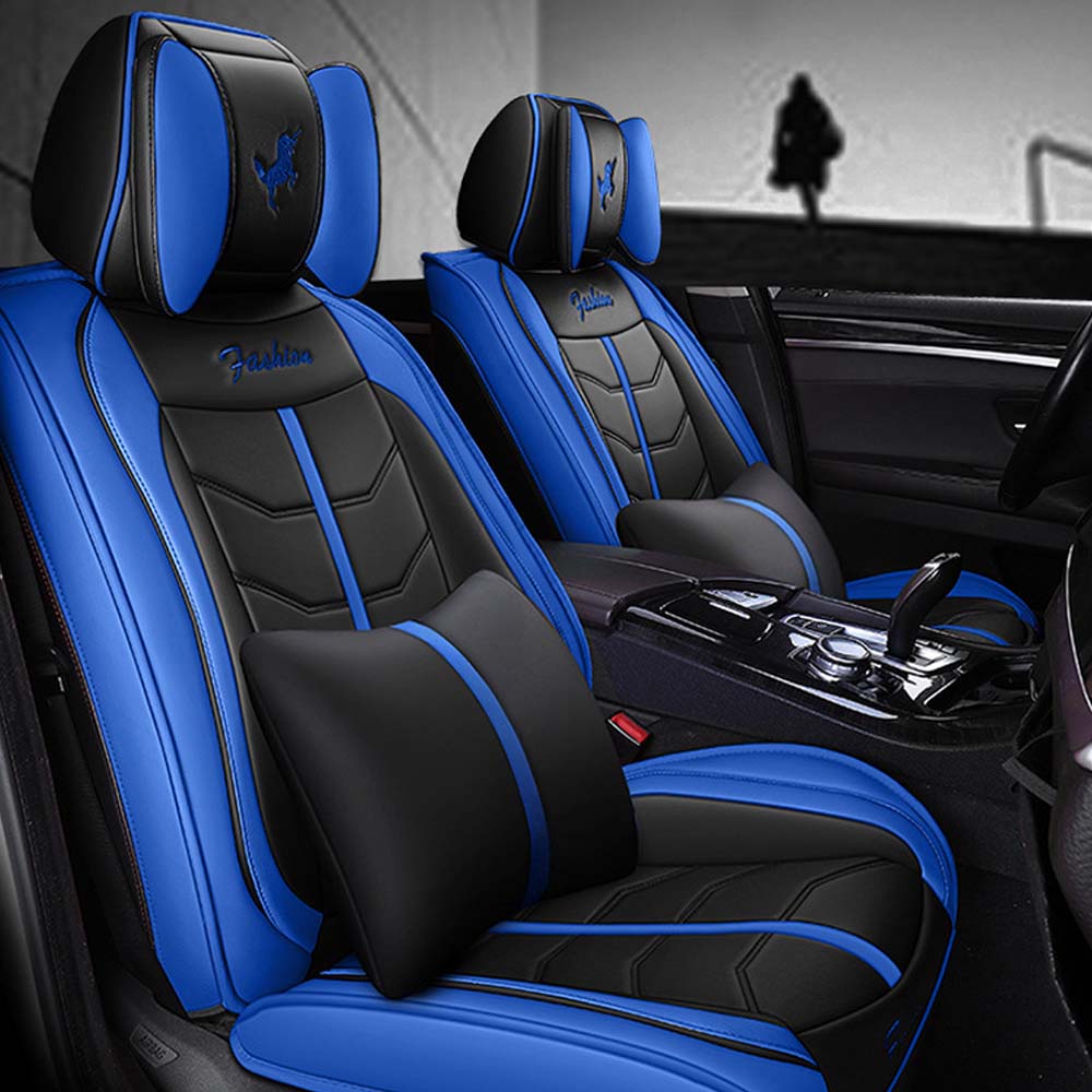 Universal 5 Seat Car Cover Black Blue PU Leather