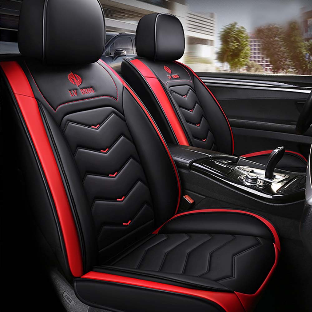 Universal 5 Seat Car Cover Black Red PU Leather