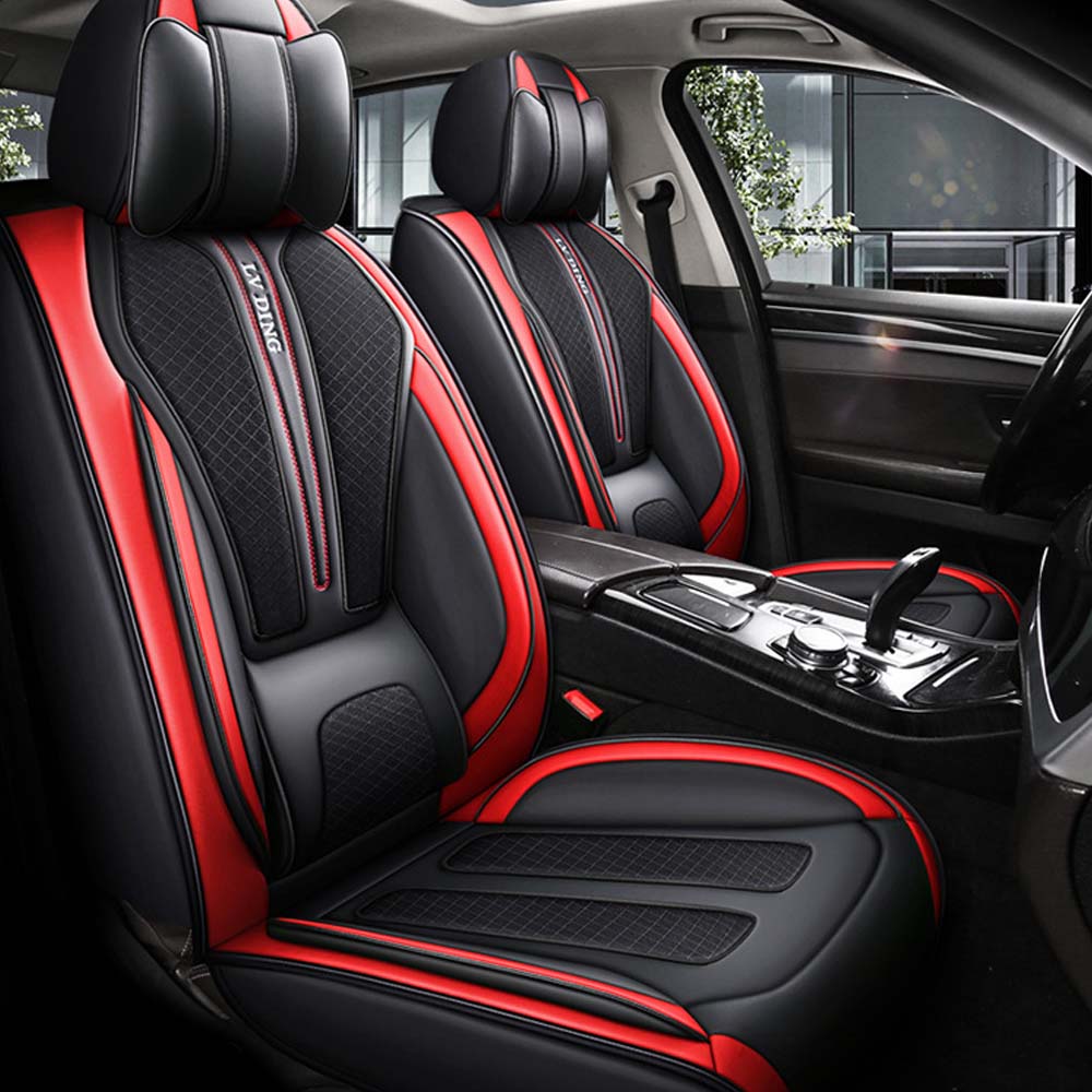 Universal 5 Seat Car Cover Black Red PU Leather / Fabric Seat Cover
