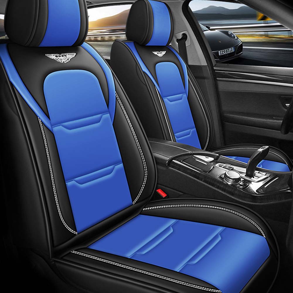 Universal 5 Seat Car Cover Black Blue PU Leather