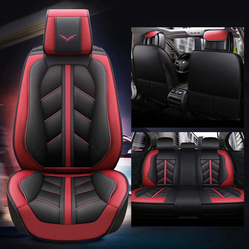 Universal 5 Seat Car Seats Cover Black Red PU Leather Waterproof