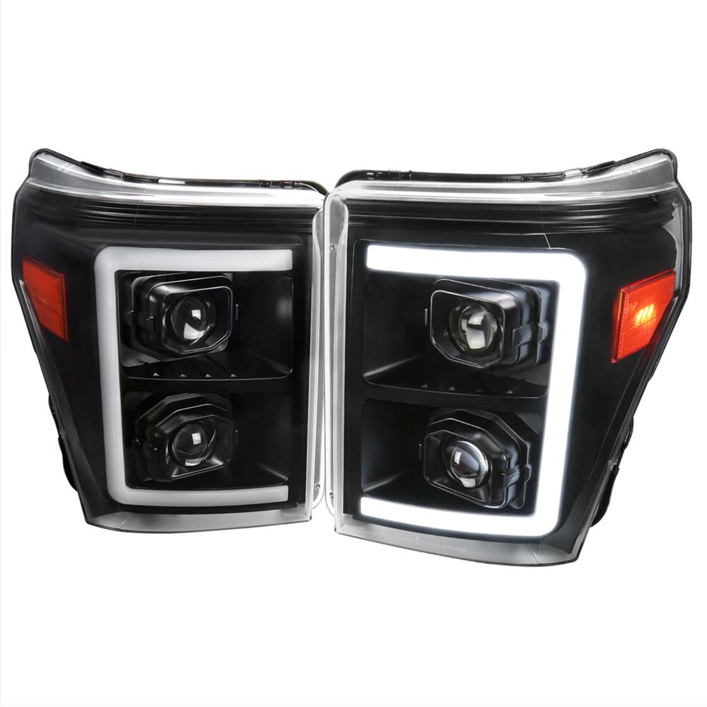 2011-2016 Ford F-250/F-350/F-450/F-550 Switchback Sequential LED C-Bar Projector Headlights (Black Housing/Clear Lens)