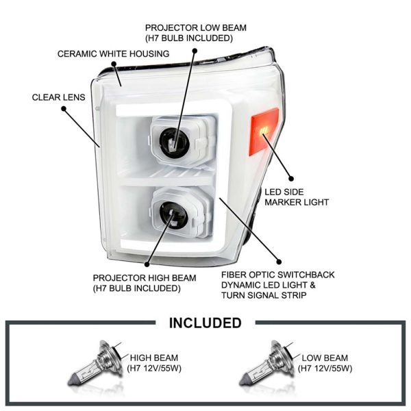 2011-2016 Ford F-250/F-350/F-450/F-550 Switchback Sequential LED C-Bar Projector Headlights (White Housing/Clear Lens) - Image 6