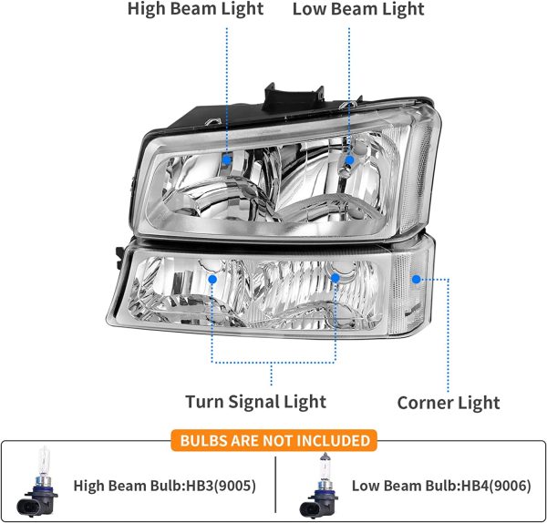 2003-2007 Headlight Assembly Compatible with 2003 2004 2005 2006 Avalanche Silverado 1500 2500 3500/2007 Chevrolet Silverado Classic Chrome Housing - Image 2