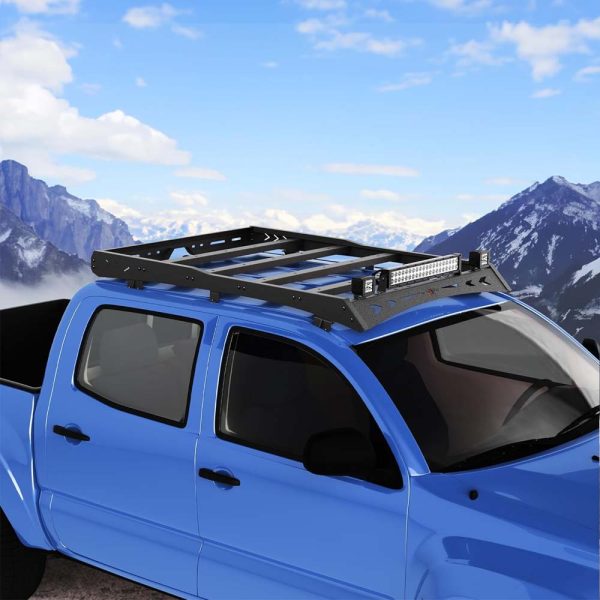 Top Roof Rack for Toyota Tacoma Cargo Carrier – 2x18W LED Lights & 144W Light Bar, Textured Black Roof Luggage Storage (2005-2023) - Image 3