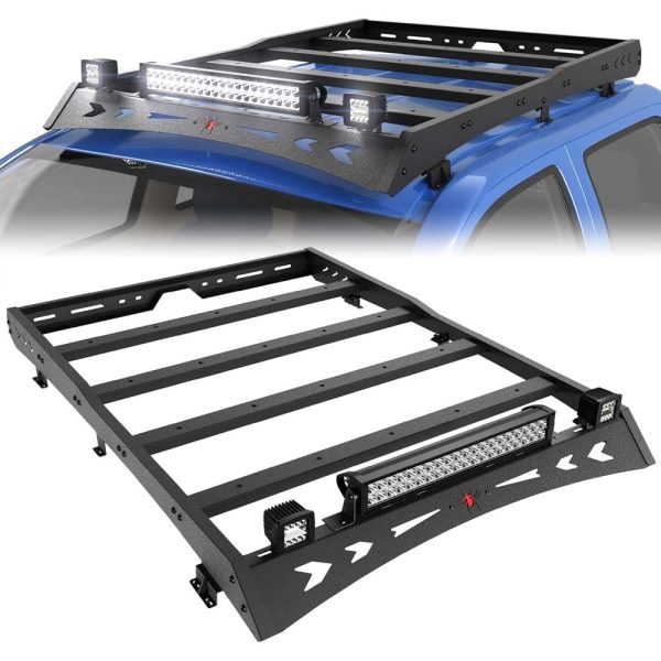 Top Roof Rack for Toyota Tacoma Cargo Carrier – 2x18W LED Lights & 144W Light Bar, Textured Black Roof Luggage Storage (2005-2023)