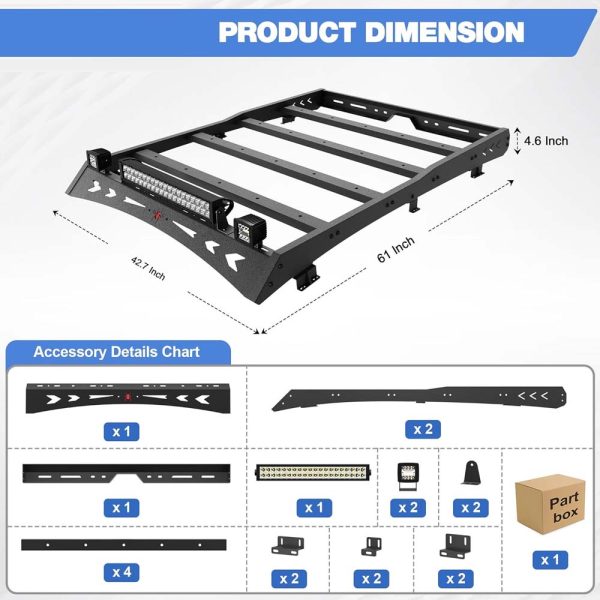 Top Roof Rack for Toyota Tacoma Cargo Carrier – 2x18W LED Lights & 144W Light Bar, Textured Black Roof Luggage Storage (2005-2023) - Image 5