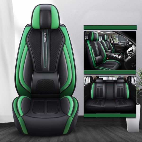 Universal 5 Seat Car Cover Black Green PU Leather Seat Cover - Image 2