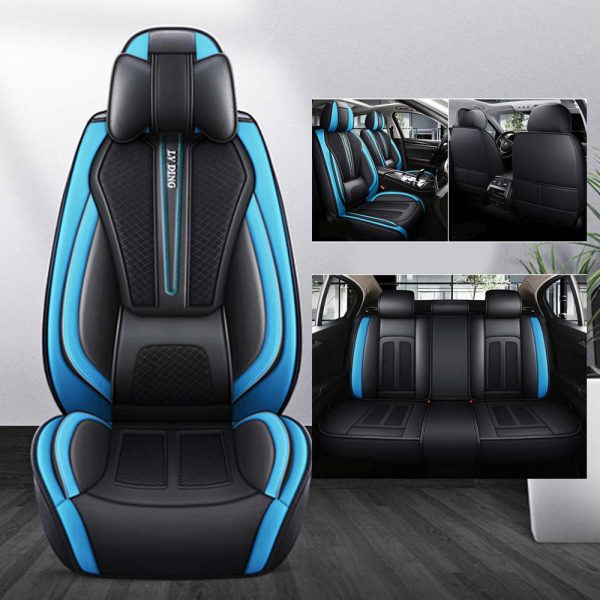 Universal 5 Seat Car Cover Black Blue PU Leather / Fabric Seat Cover - Image 2