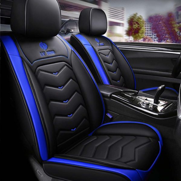 Universal 5 Seat Car Cover Black Blue PU Leather