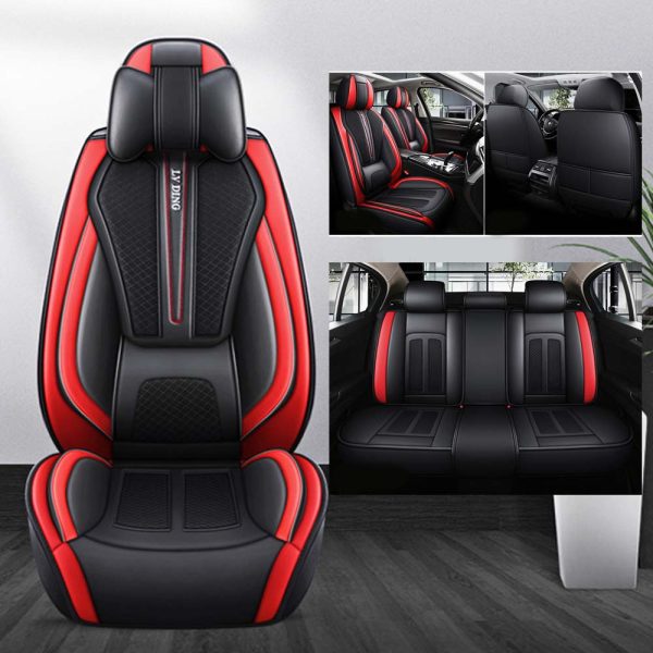 Universal 5 Seat Car Cover Black Red PU Leather / Fabric Seat Cover - Image 2