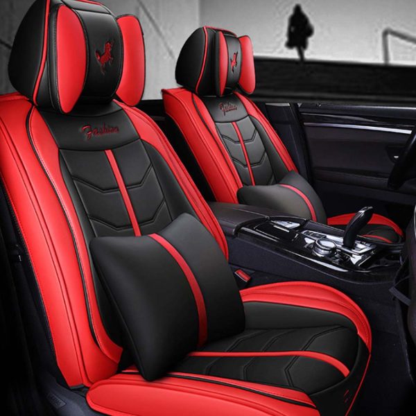 Universal 5 Seat Car Cover Black Red PU Leather