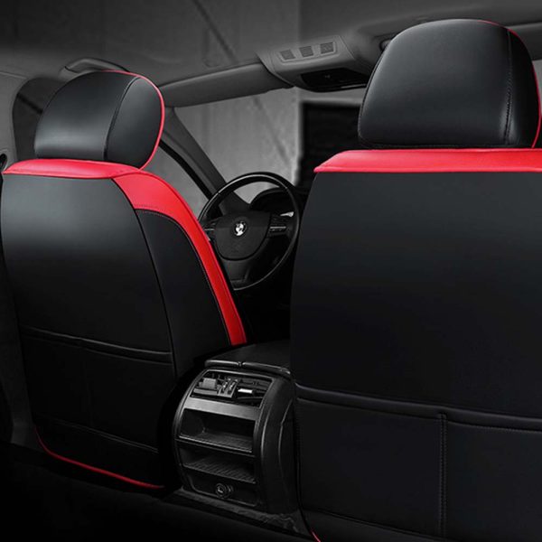 Universal 5 Seat Car Cover Black Red PU Leather - Image 3