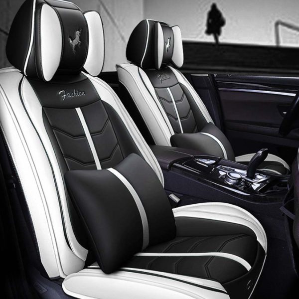 Universal 5 Seat Car Cover Black White PU Leather