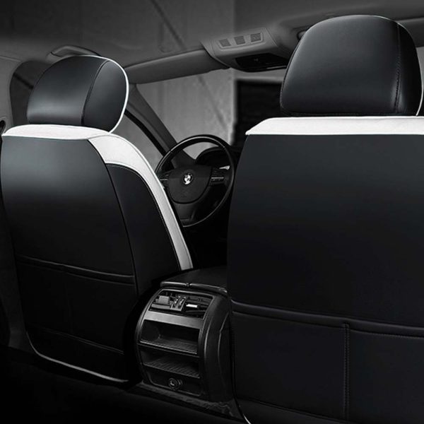 Universal 5 Seat Car Cover Black White PU Leather - Image 3