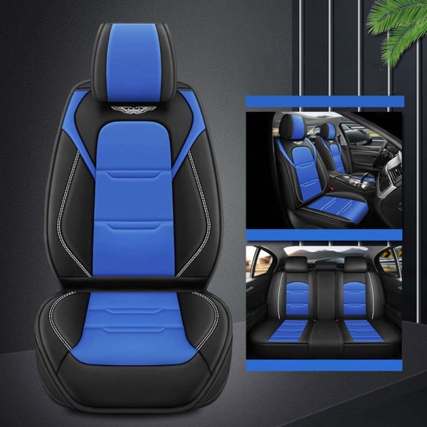 Universal 5 Seat Car Cover Black Blue PU Leather - Image 2