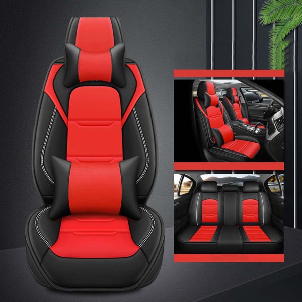 Universal 5 Seat Car Cover Black Red PU Leather - Image 2