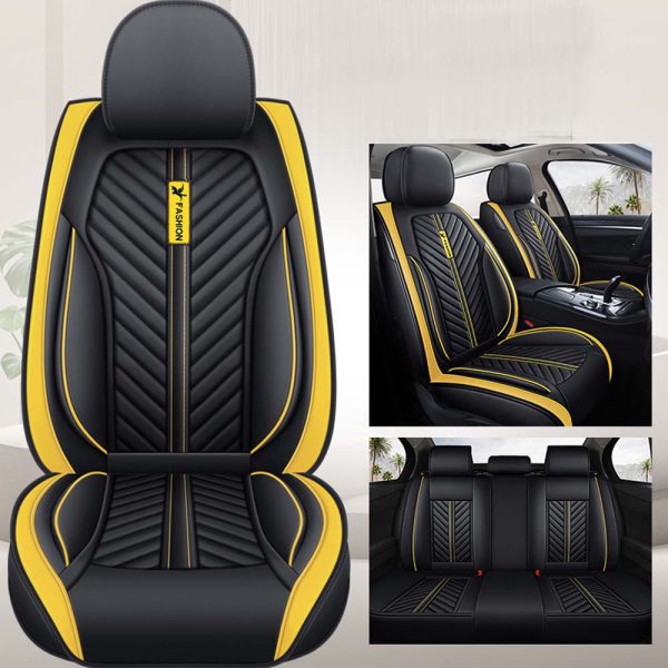 Universal 5 Seat Car Cover Black and Yellow PU Leather - Image 2