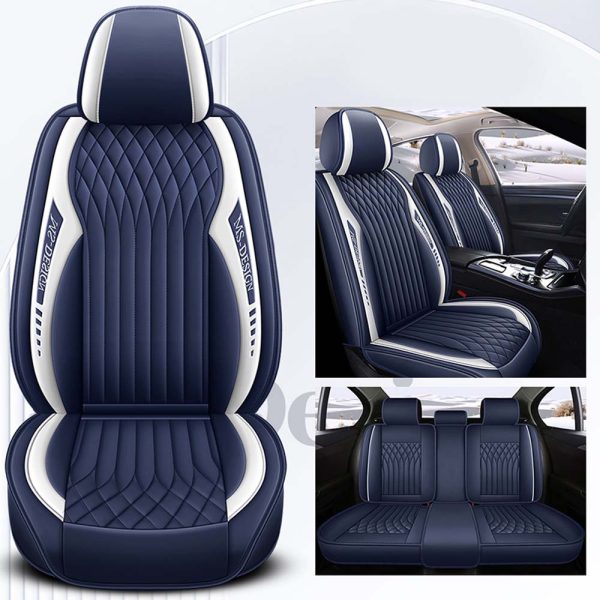 Universal 5 Seat Car Cover Blue and White PU Leather Seat Cover - Image 2