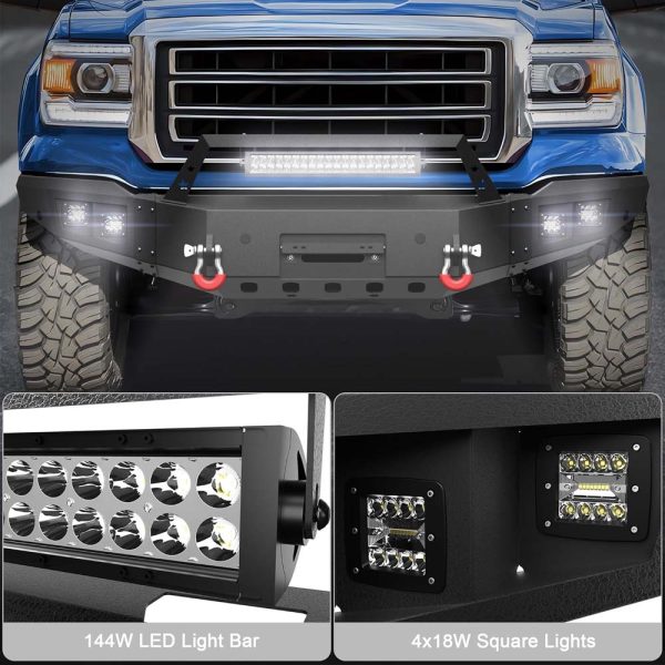 LED light housing and D-ring recovery mounts on GMC Sierra front bumper