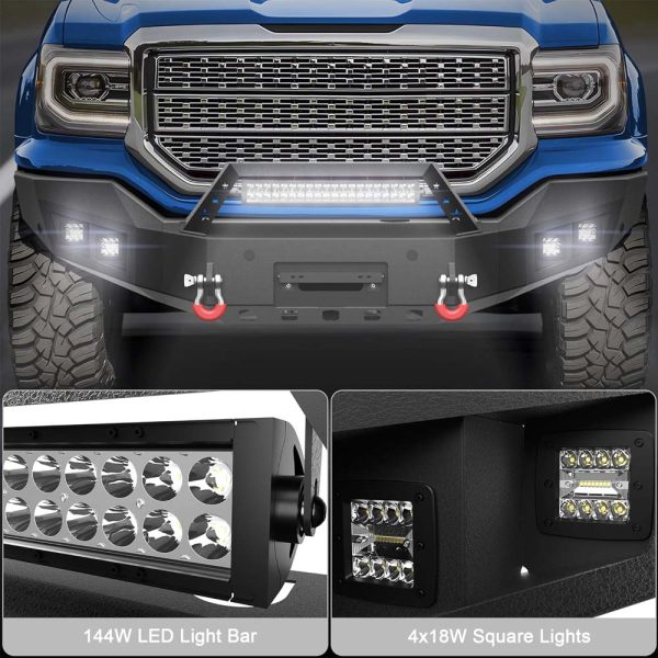 Built-in 144W LED light bar and 4x18W square pod lights in Sierra bumper