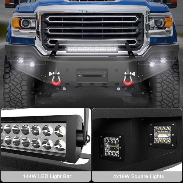 LED light bar mount and D-ring shackles on GMC Sierra front bumper