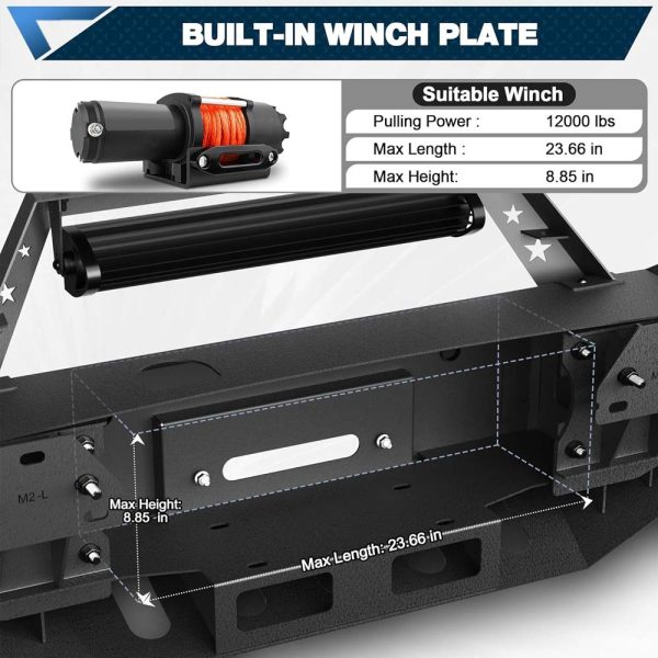 Close-up of reinforced winch plate on GMC Sierra 1500 steel front bumper