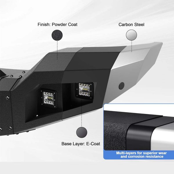 Textured black powder coat finish on steel front bumper