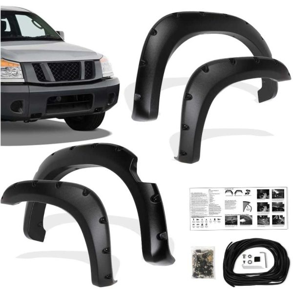 Black Pocket Rivet Style Front & Rear Fender Flares Fits 04-14 Nissan Titan - Textured